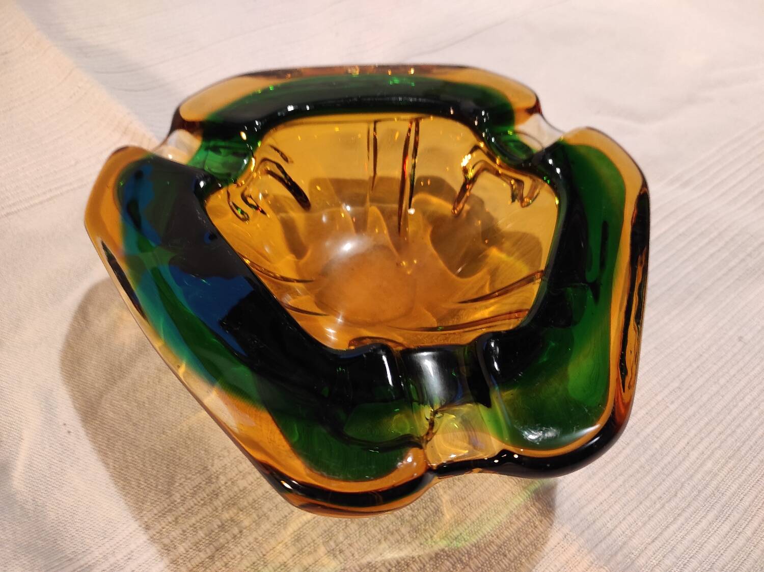 Murano green and yellow blown glass ashtray, 1970