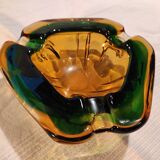 Murano green and yellow blown glass ashtray, 1970