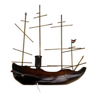 Wooden ship-shaped table night lamp, Netherlands, 1960s.