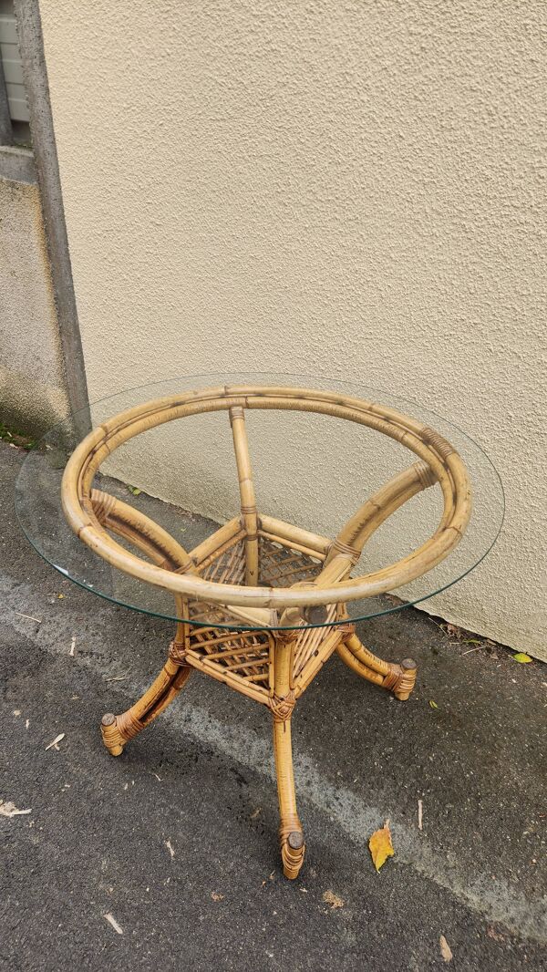 belle table de repas en bambou rotin des années 1970 avec plateau en verre