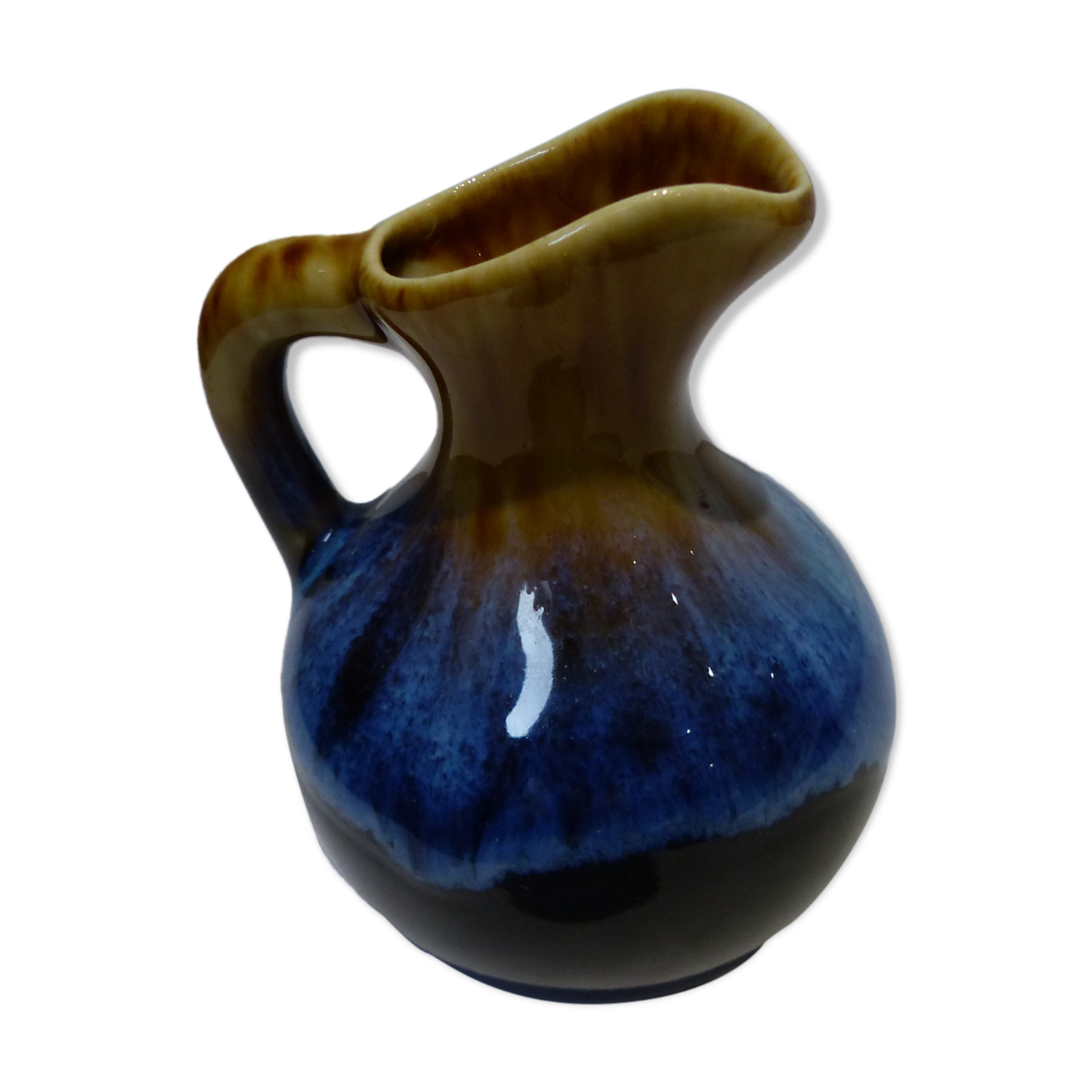 Small vintage ceramic pitcher Blue and brown black reflections