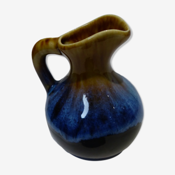 Small vintage ceramic pitcher Blue and brown black reflections