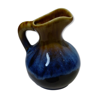 Small vintage ceramic pitcher Blue and brown black reflections