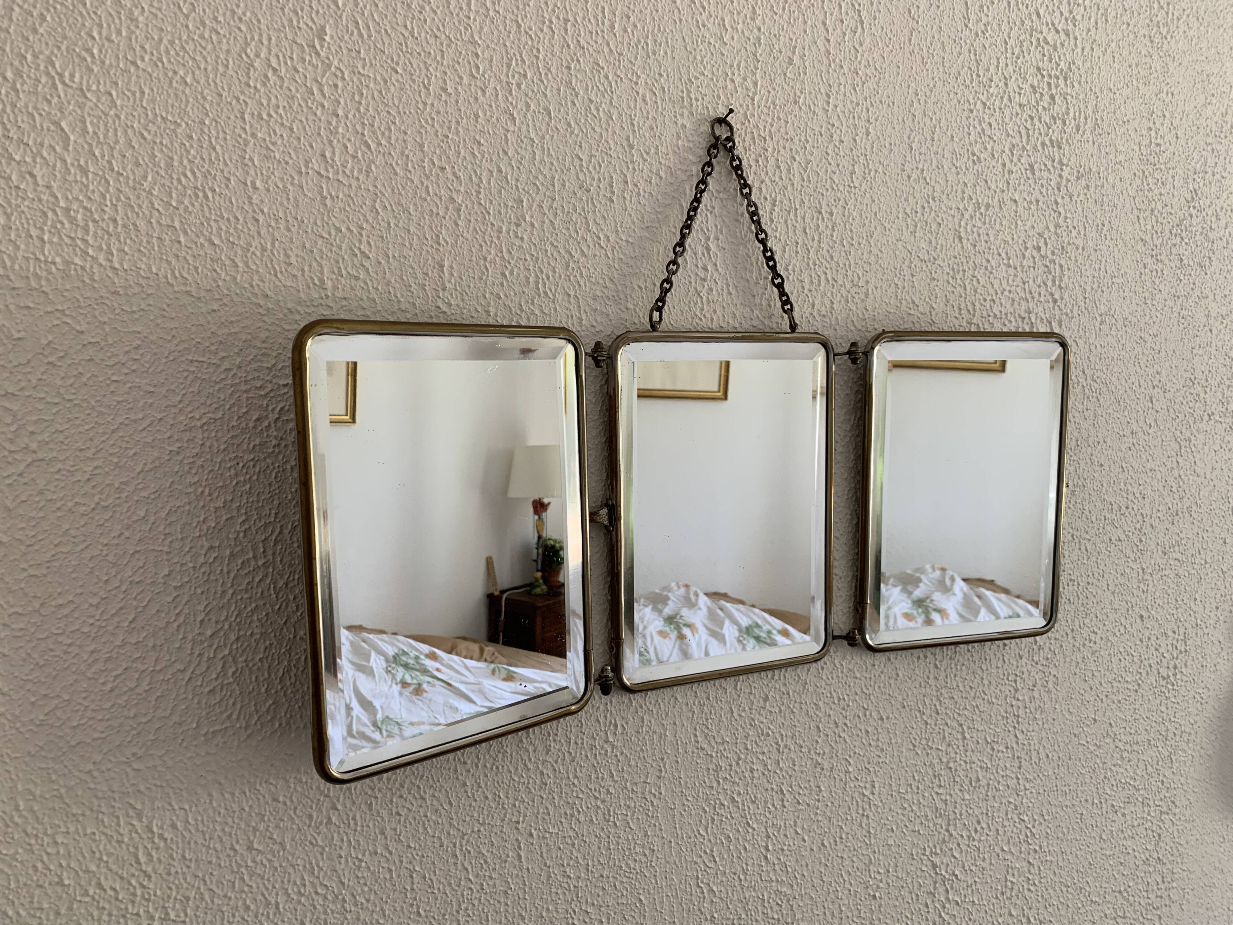 Miroir vintage 1930 triptyque de barbier lézard brun Art Déco - 26 x 61 cm