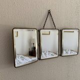 Miroir vintage 1930 triptyque de barbier lézard brun Art Déco - 26 x 61 cm