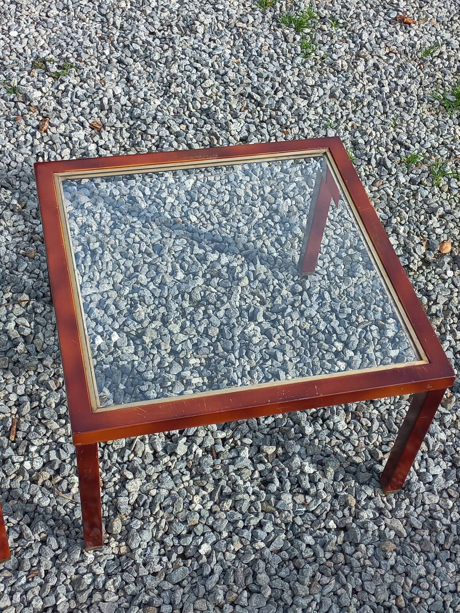 Pair of 1970s side tables in lacquered brass and glass