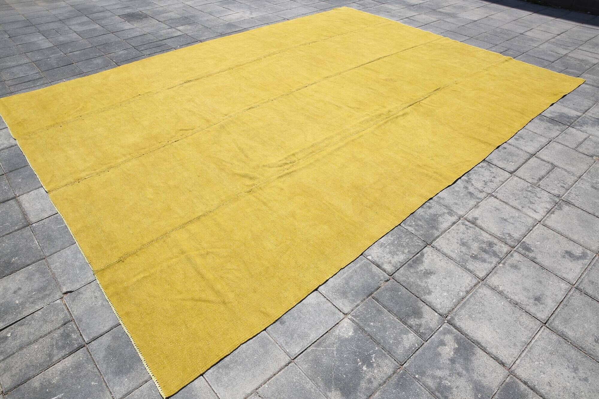 Vintage Mustard Yellow Kilim Rug,Large Turkish Woven Wool Carpet,302x410 Cm