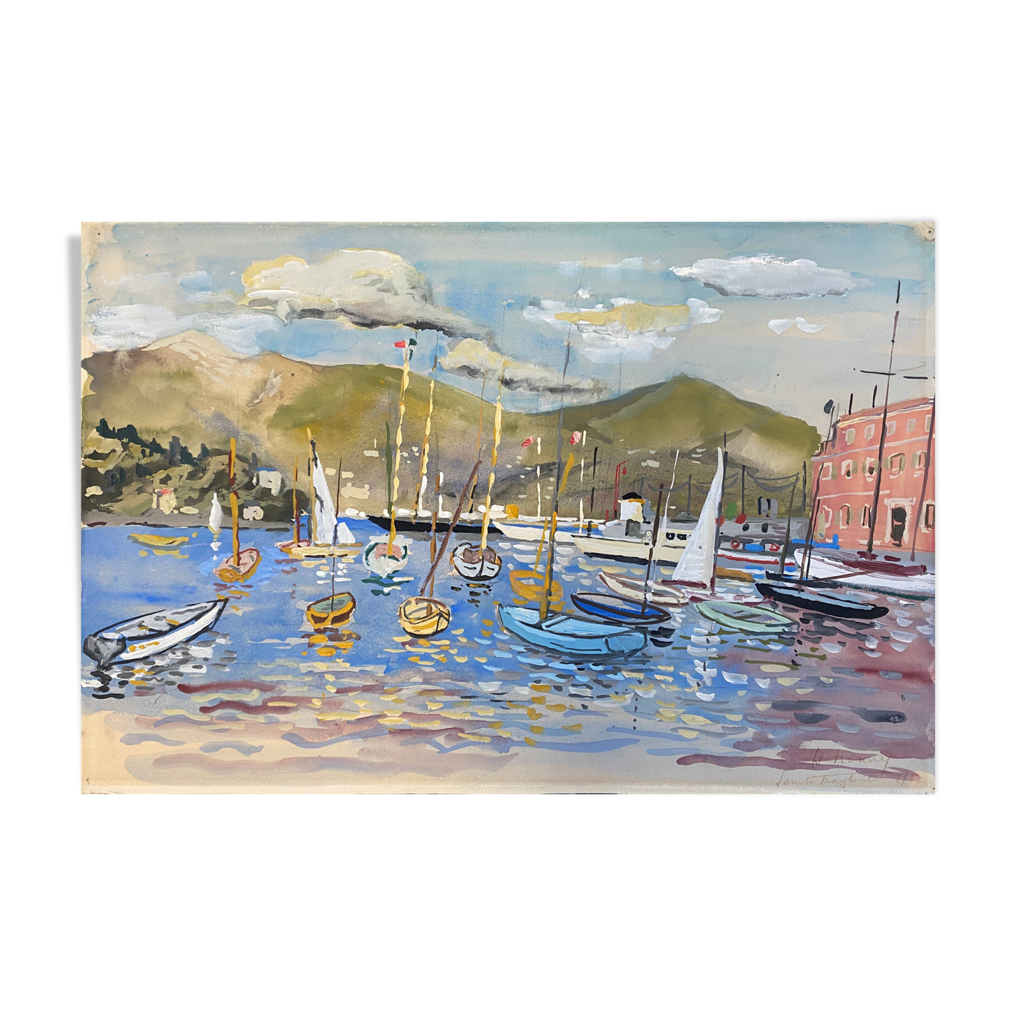 Painting "port of santa margherita" liguria 1962 italy henri nourry (1902-1978)