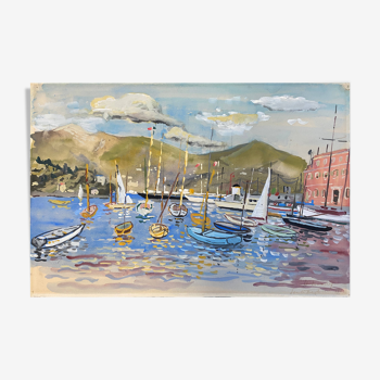 Painting "port of santa margherita" liguria 1962 italy henri nourry (1902-1978)
