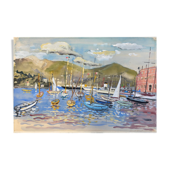 Tableau "port de santa margherita" ligurie 1962 italie henri nourry (1902-1978)