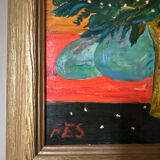 Oil on canvas signed FES – "Bouquet of roses with a small dog" – Style