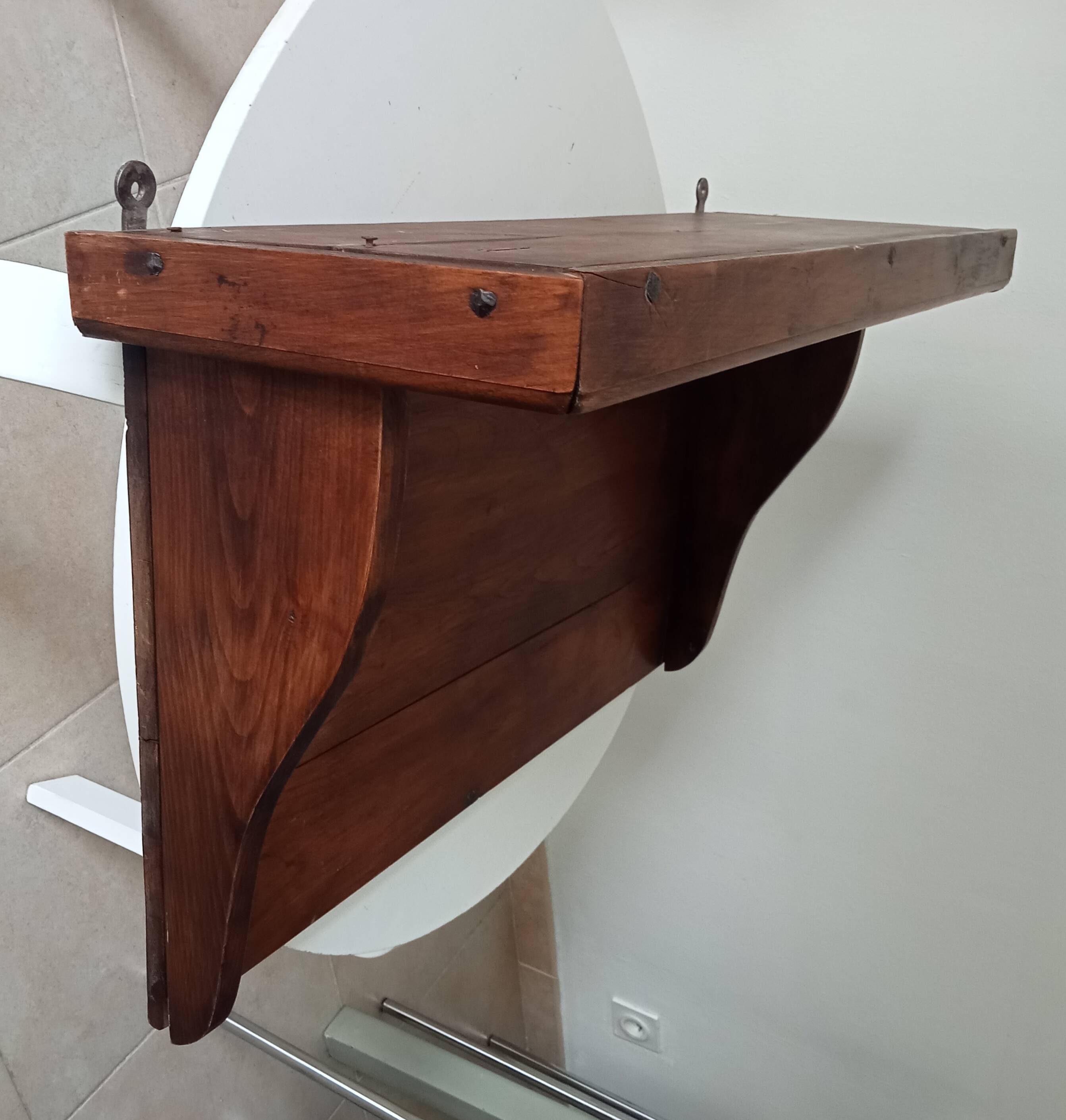 Antique wall shelf in solid chestnut with butcher's hooks