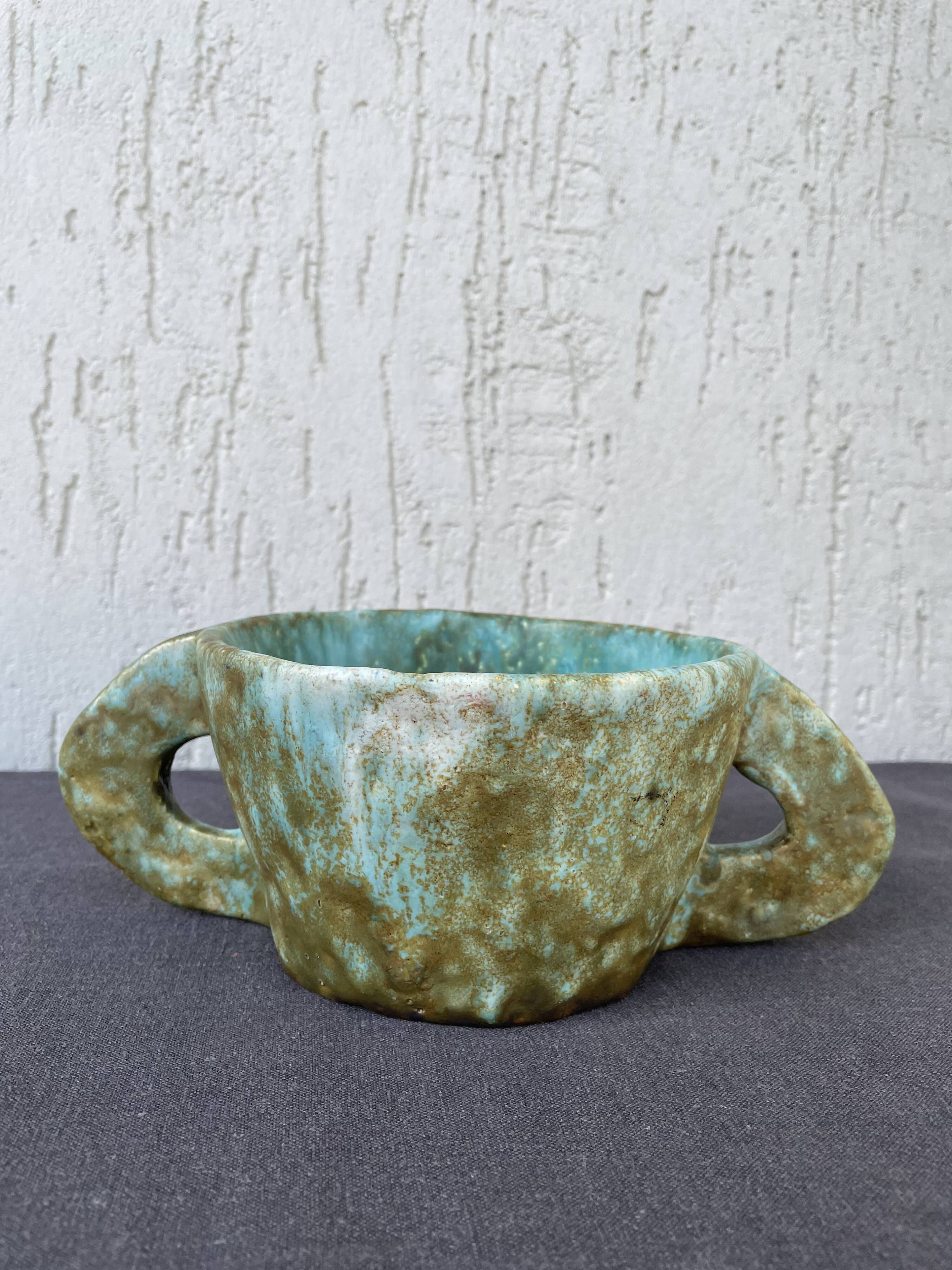 Stoneware bowl with handles, signed handmade ceramic.