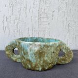 Stoneware bowl with handles, signed handmade ceramic.