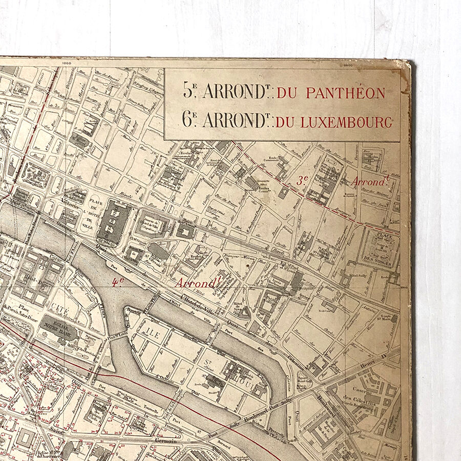 Old cardboard map of Paris - 5th and 6th Arrondissement