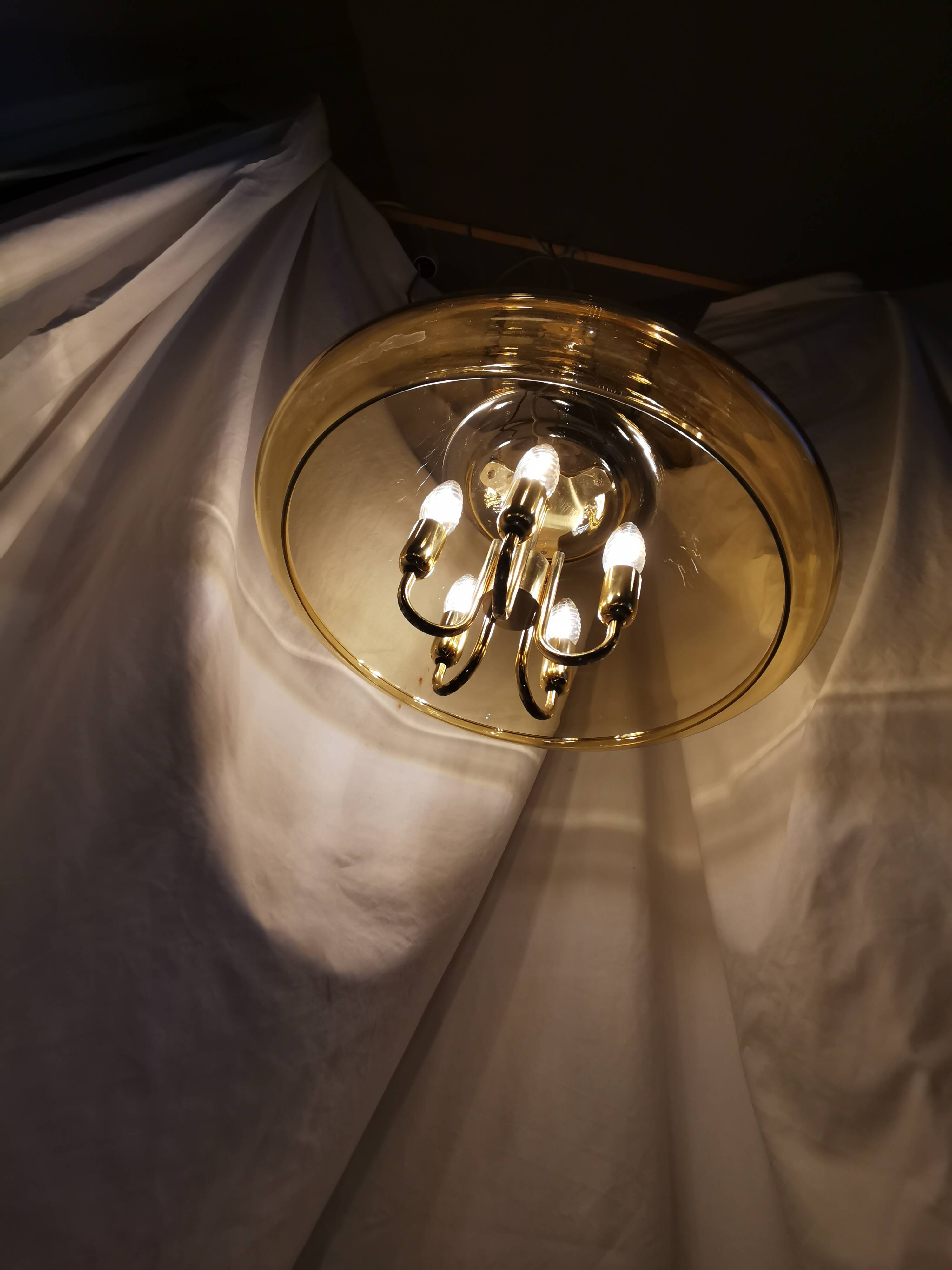 Large chandelier in brass and smoked glass, six branches, space age, baroque, Italy, 1970.