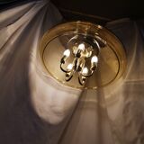 Large chandelier in brass and smoked glass, six branches, space age, baroque, Italy, 1970.