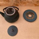 Antique japanese green cast iron teapot flower decor + vintage stand