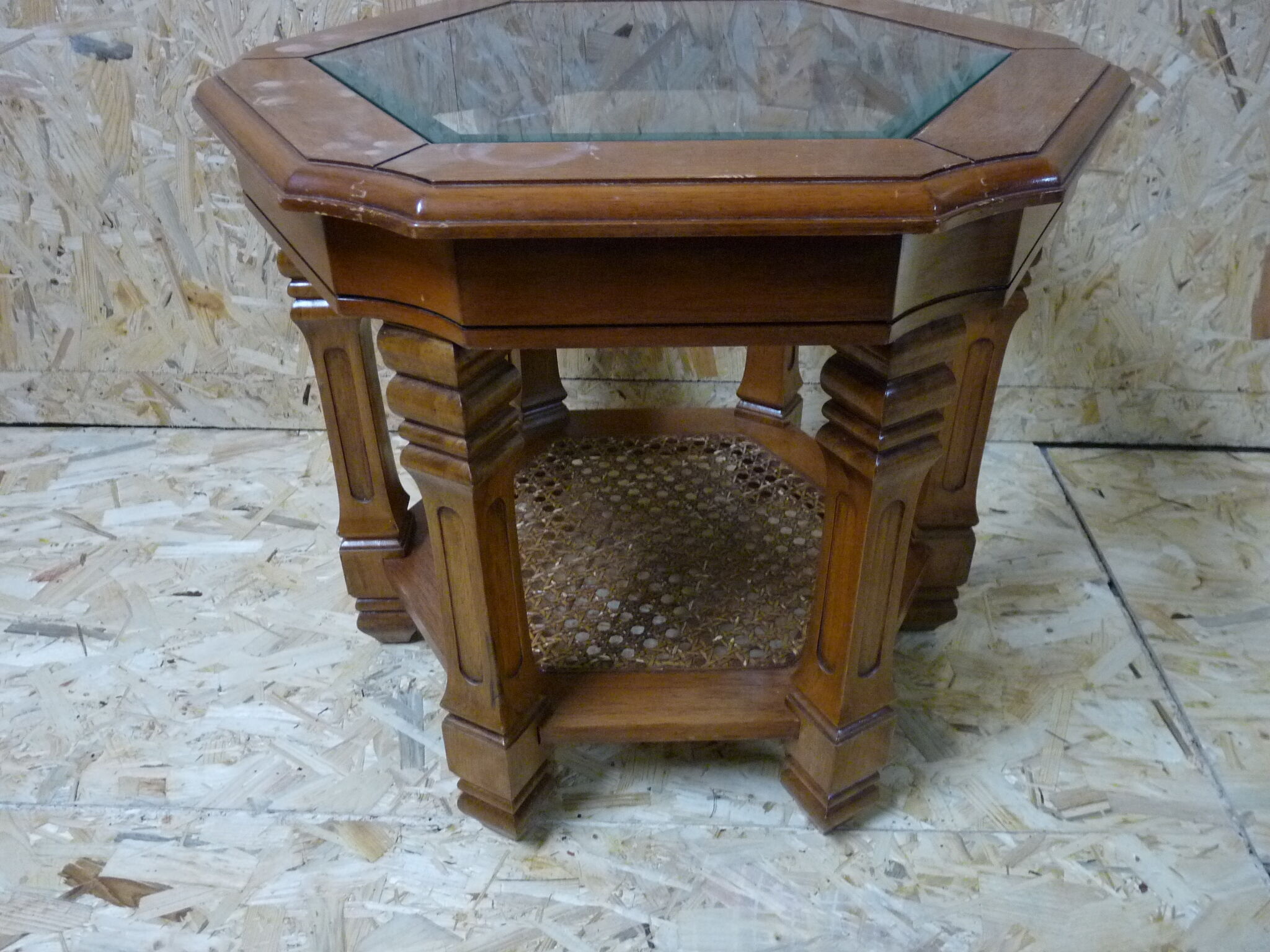 Hexagonal glass wood coffee table