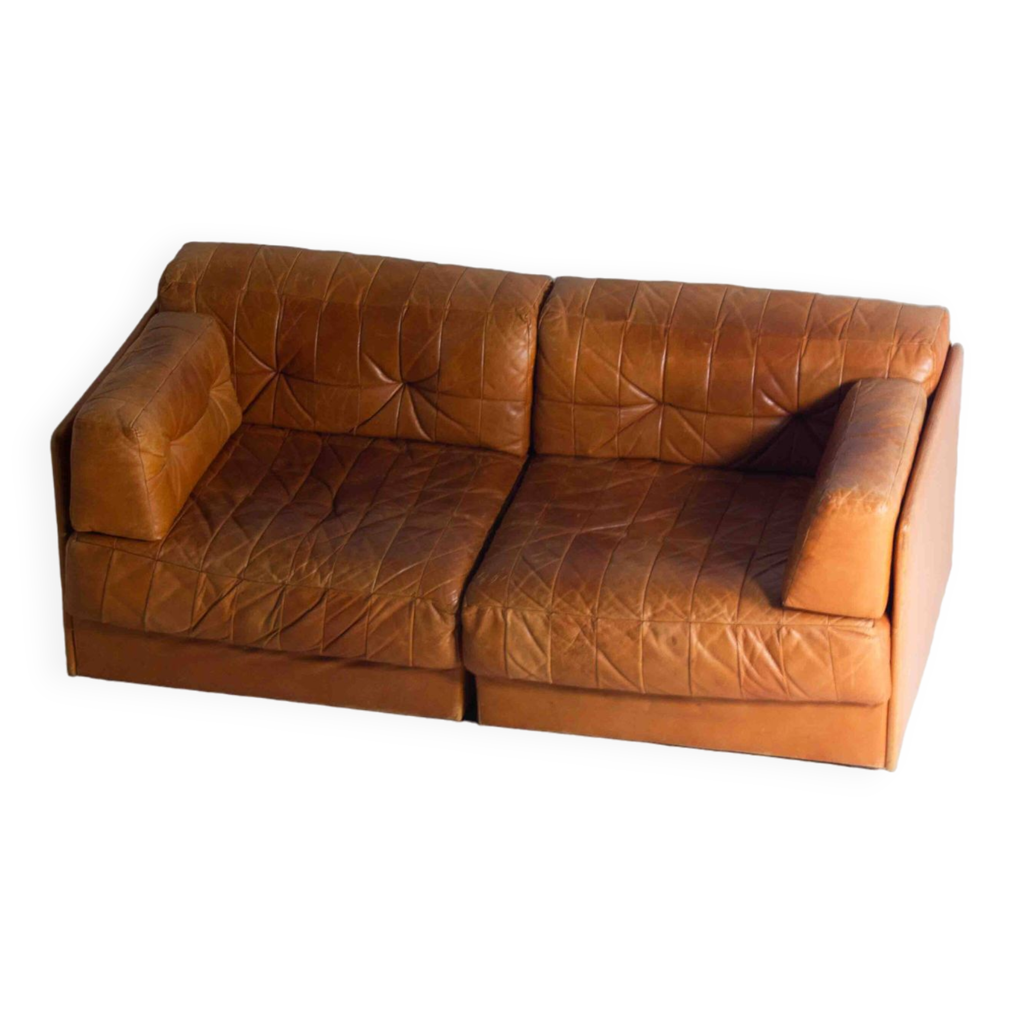 Vintage patchwork leather sofa in caramel leather, Germany 1960s
