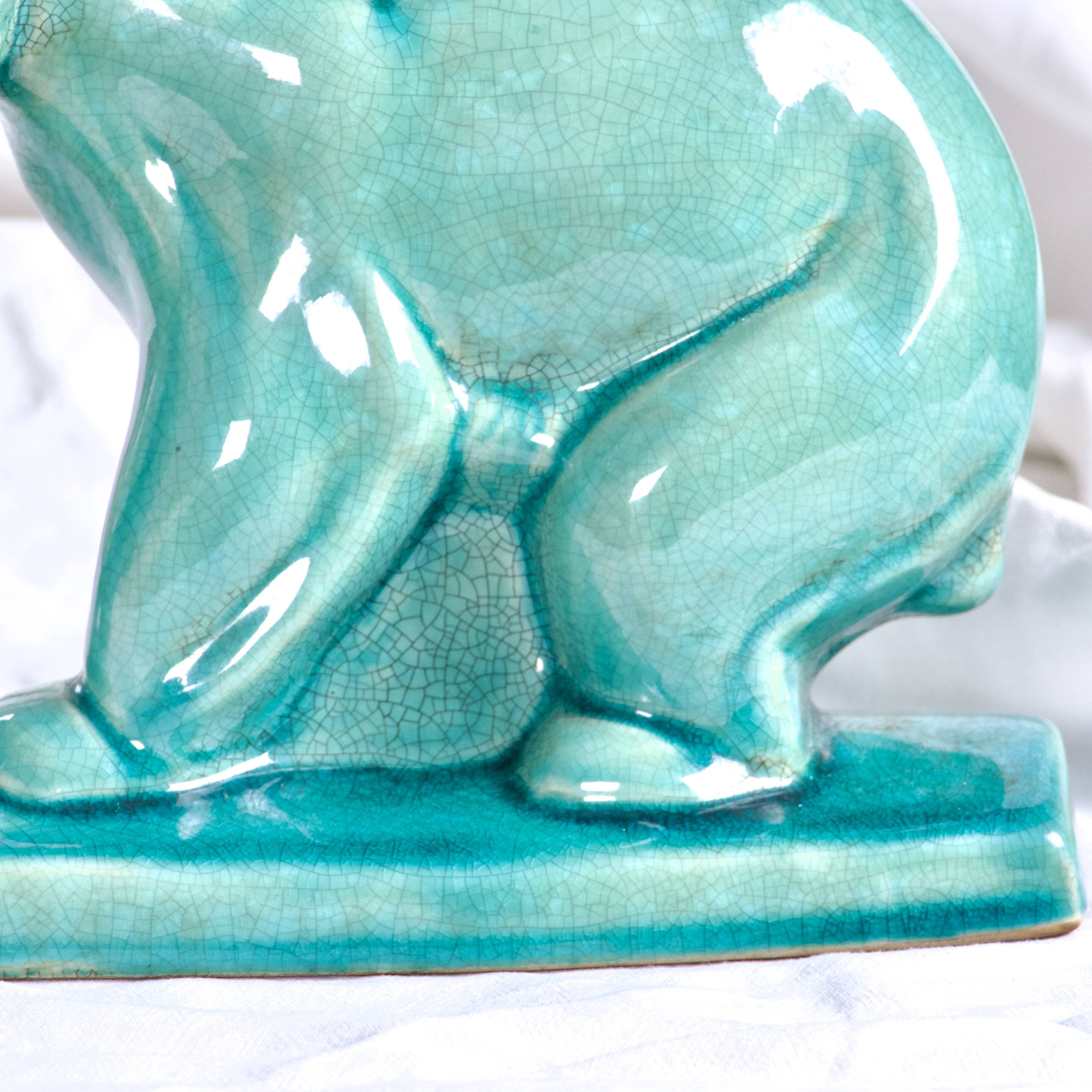 Art Deco Cracked Ceramic Teddy Bear Statue by LV Ceram