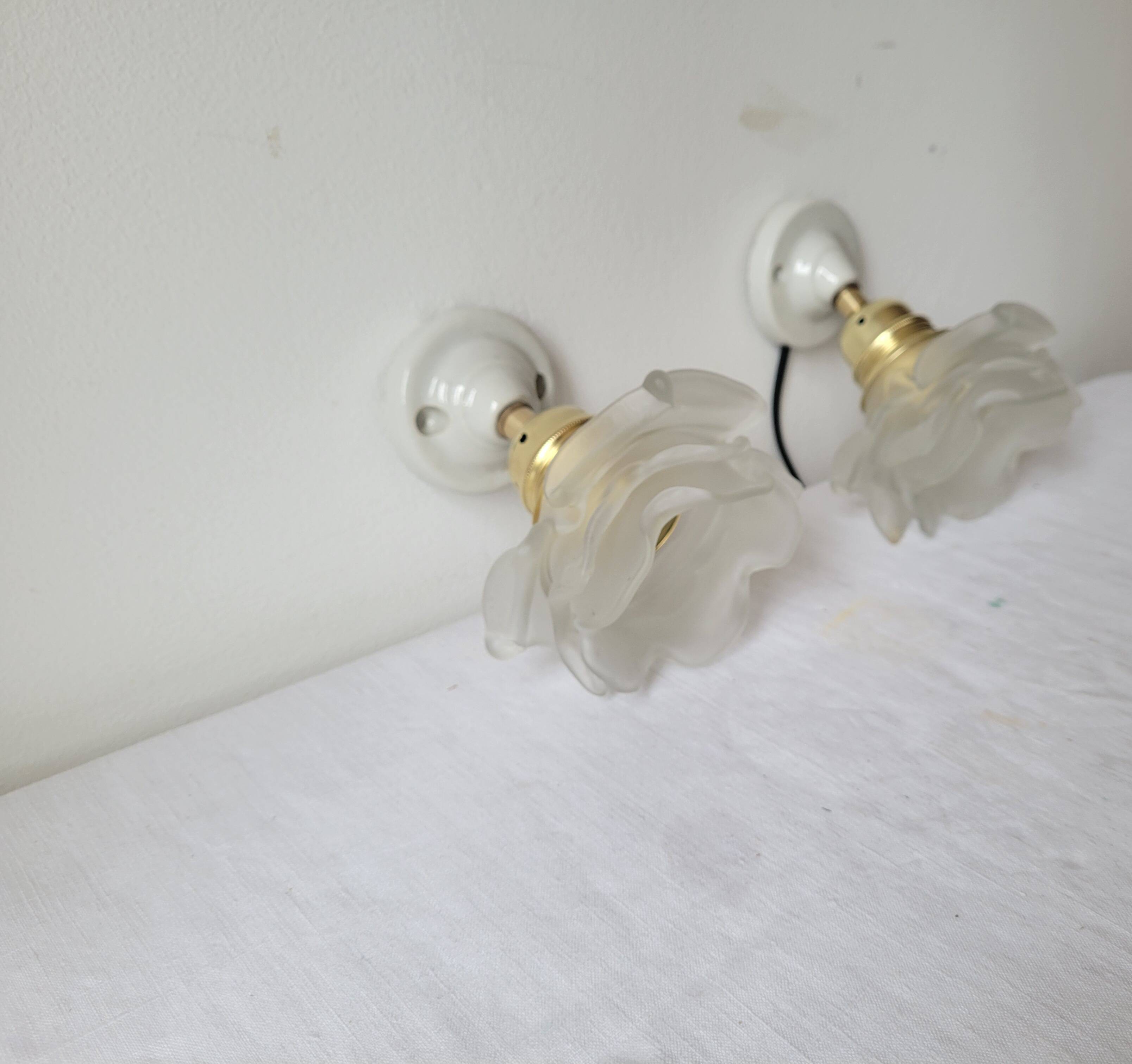 Duo of glass and porcelain flower wall lights