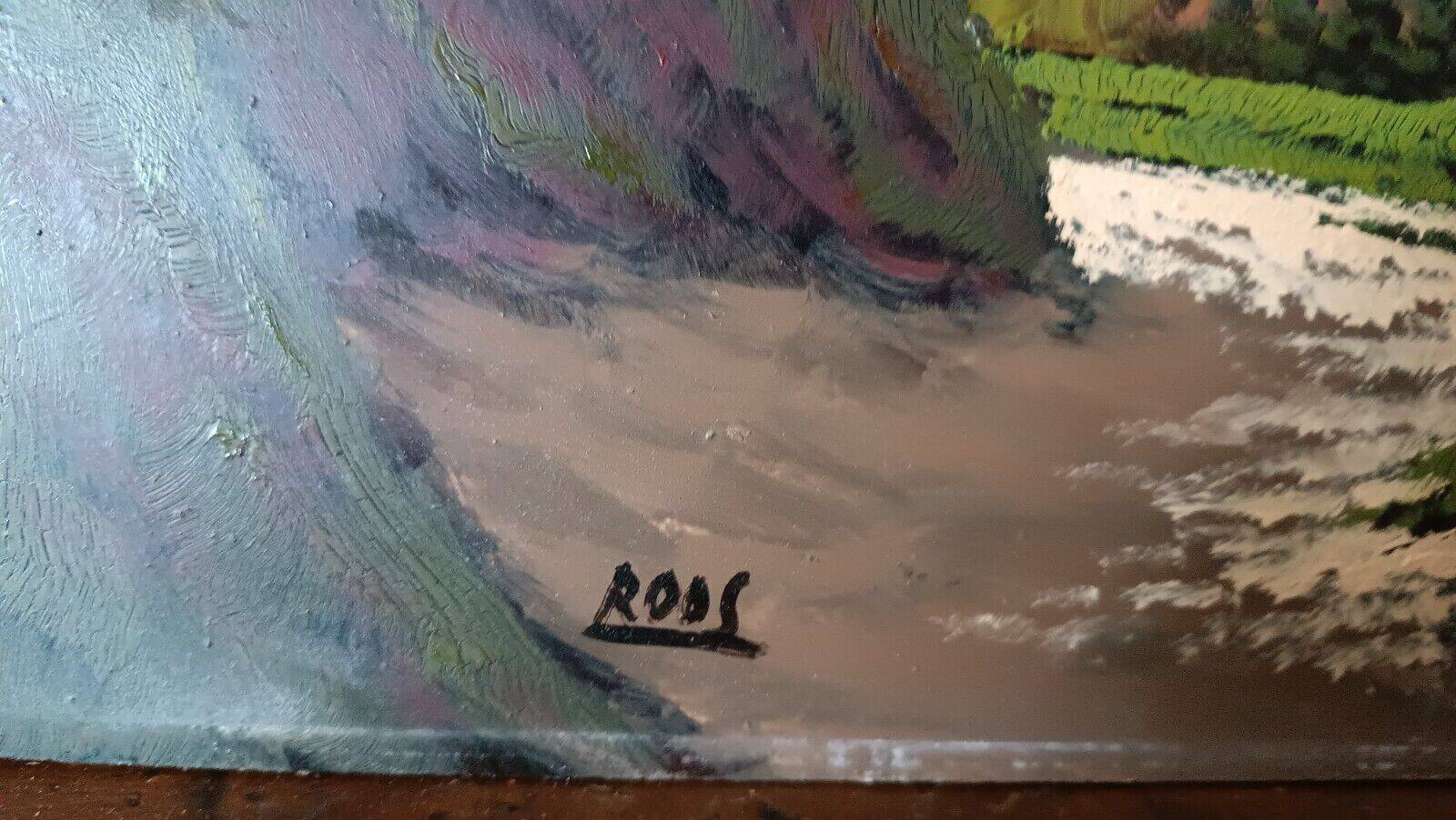 Oil painting on faesite from the 50s signed roos mountain landscape