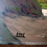 Oil painting on faesite from the 50s signed roos mountain landscape