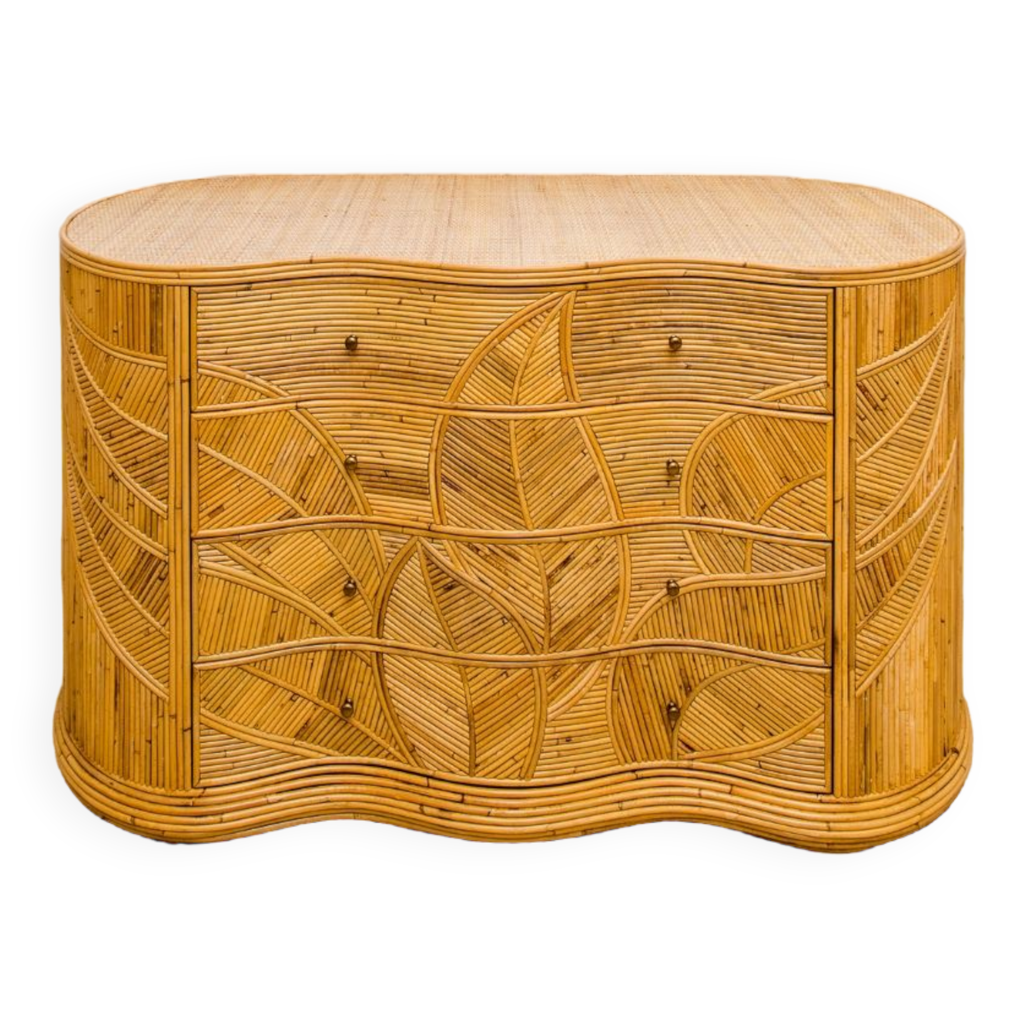 Curved chest of drawers with 4 rattan drawers