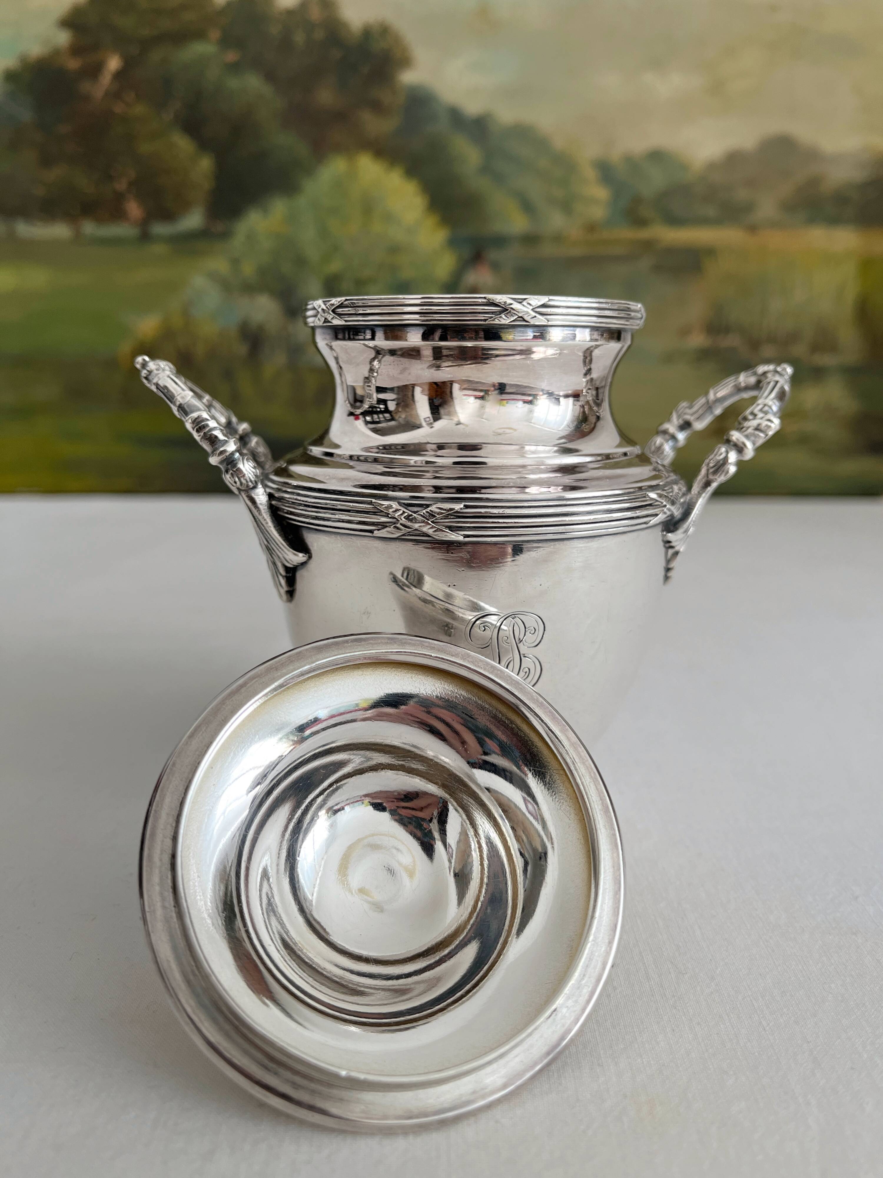 Antique monogrammed silver-plated metal sugar bowl
