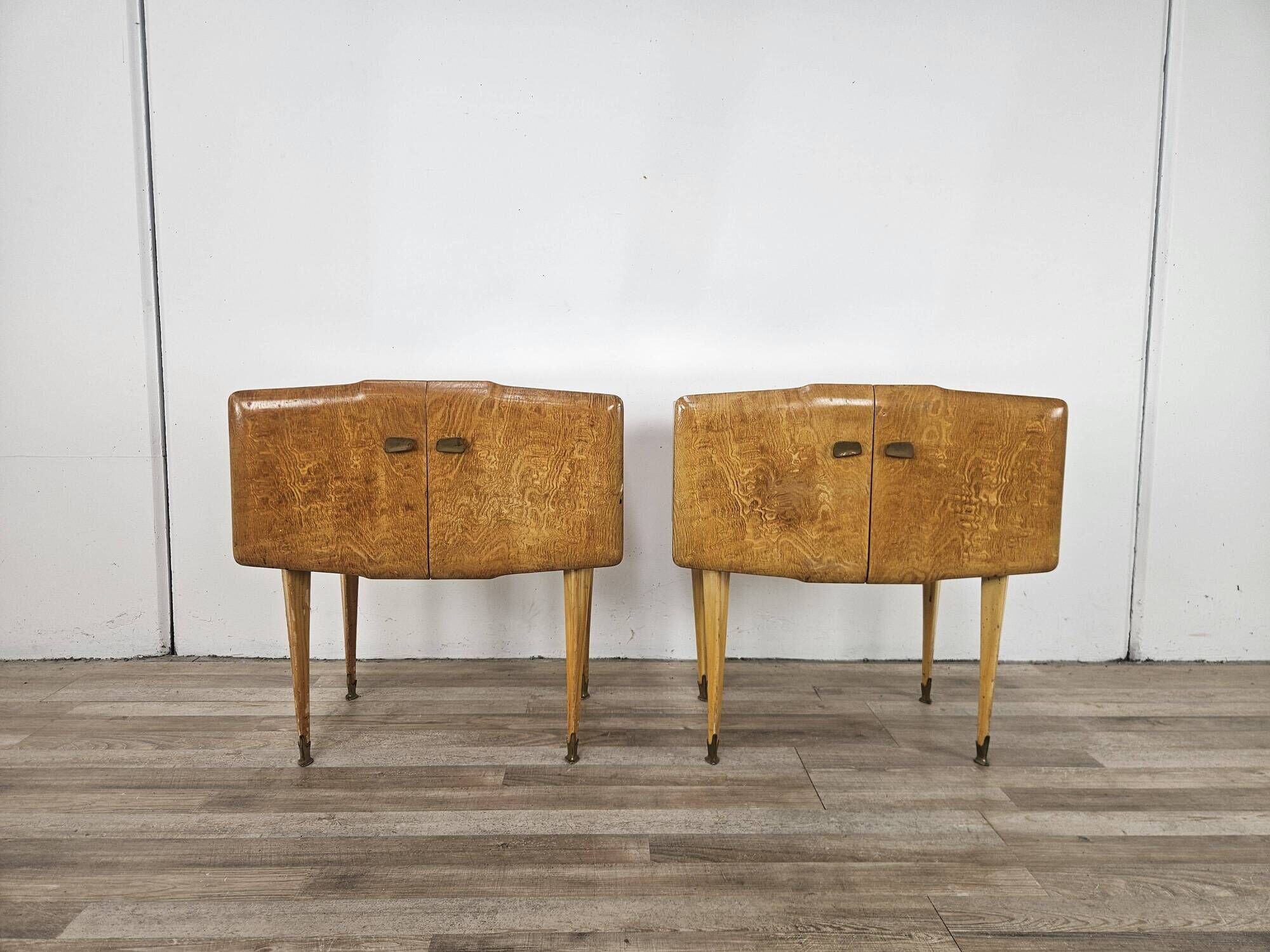 Pair of 1950s maple nightstands with mirrored tops