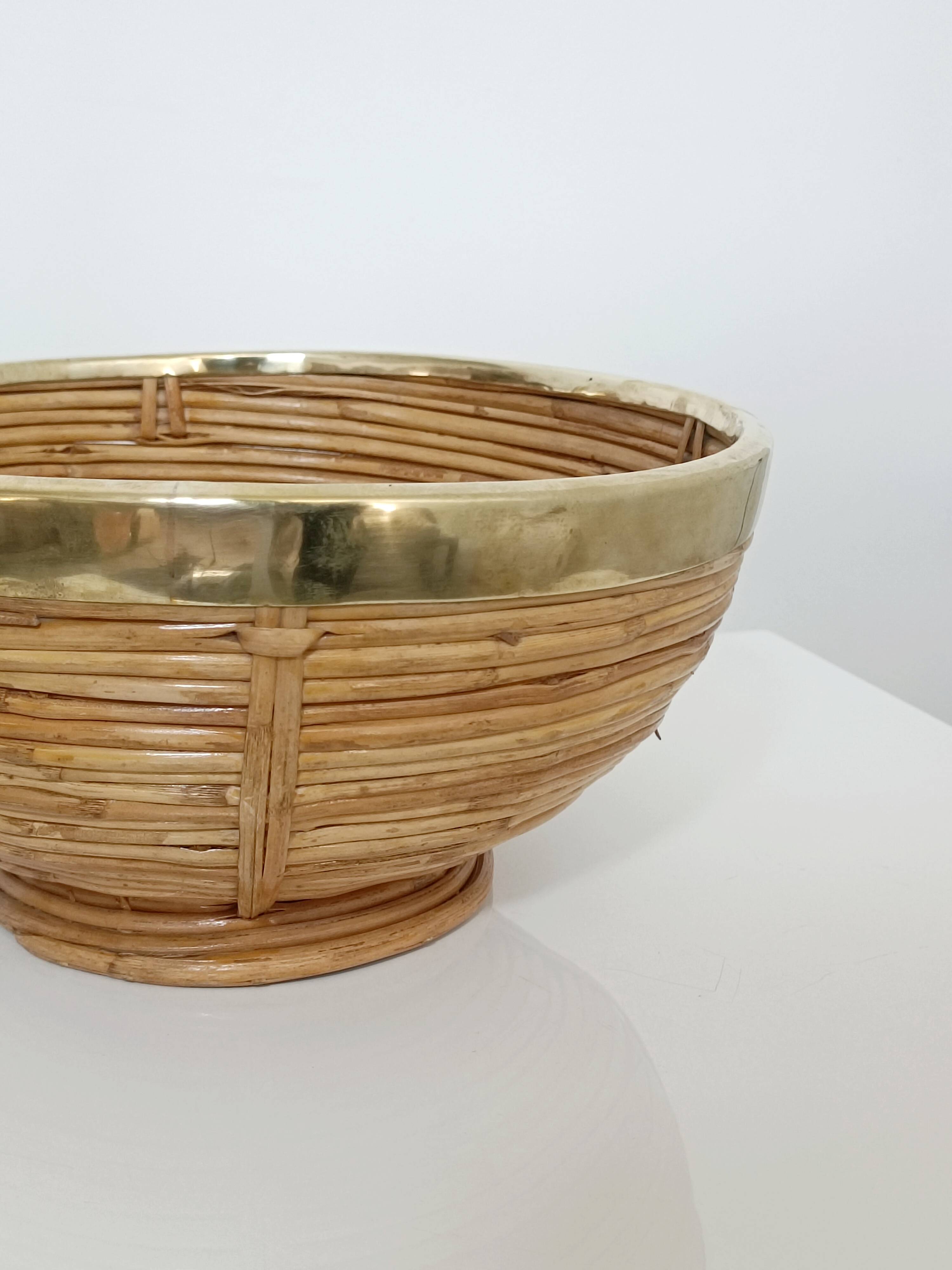 Rattan and brass fruit bowl 1970s