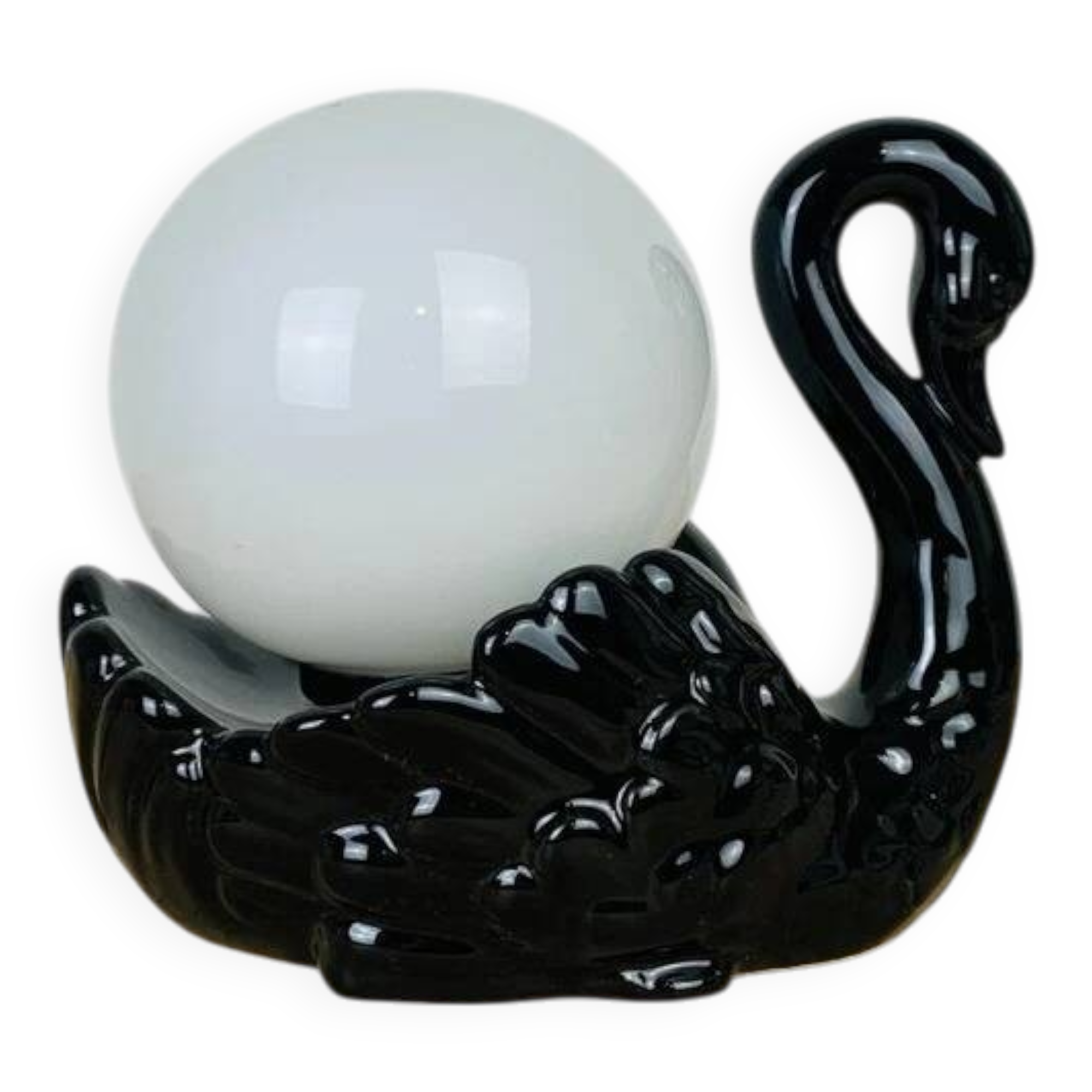 Black ceramic swan lamp with vintage opaline globe