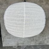 Large pendant lamp in rattan and natural linen Japanese style flattened round (Labu) H57 D80