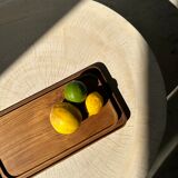 Trio of rounded rectangular trays or cups in monoxyl teak L:35