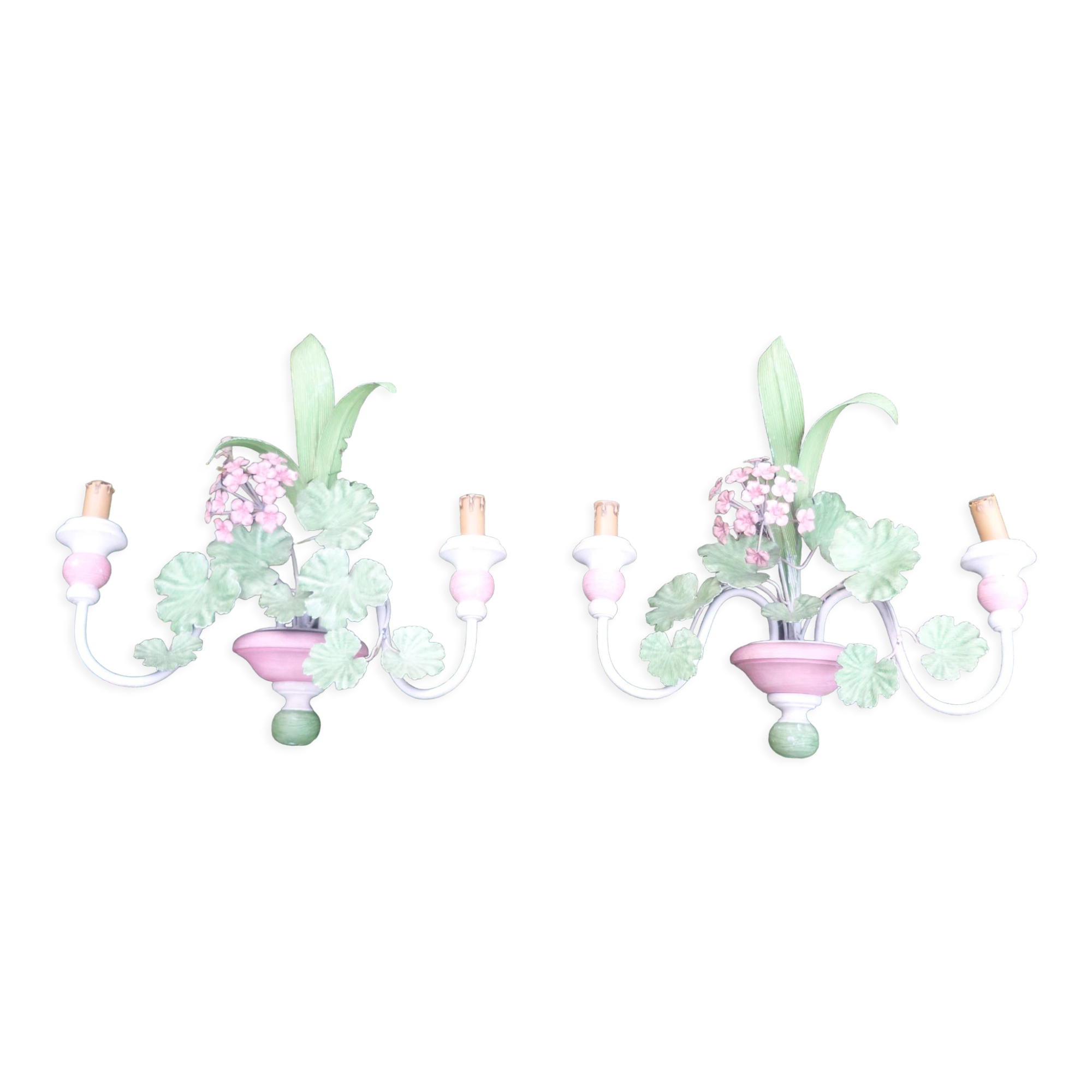 Pair of metal sconces painted spring flowers vintage