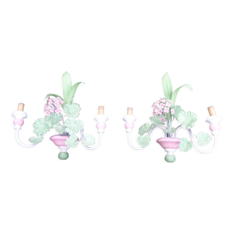Pair of metal sconces painted spring flowers vintage