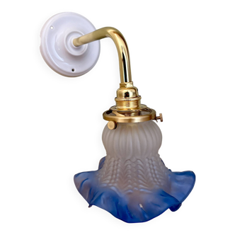 Vintage tulip angled wall light in frosted white and blue