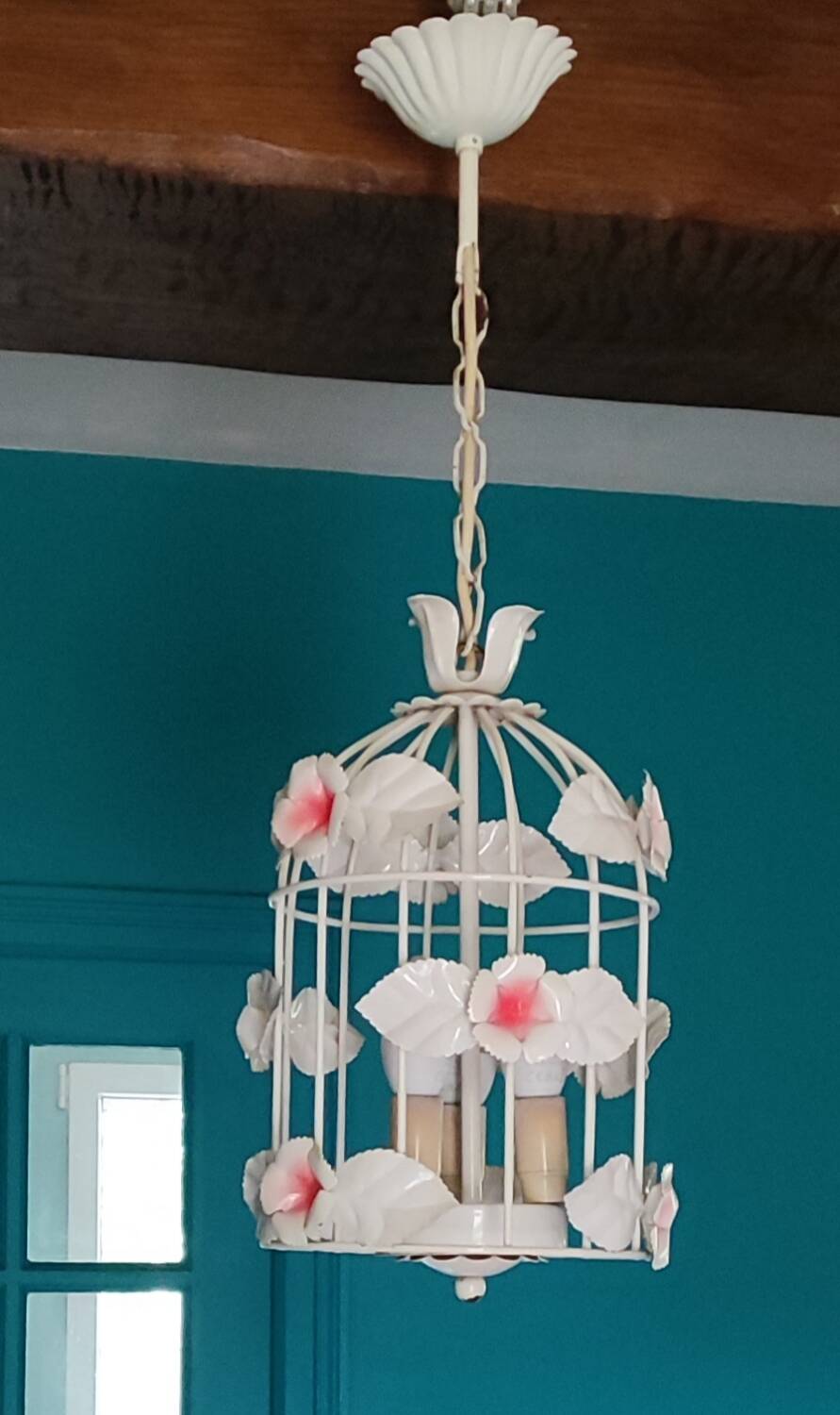 Vintage chandelier cage birds flowers white metal