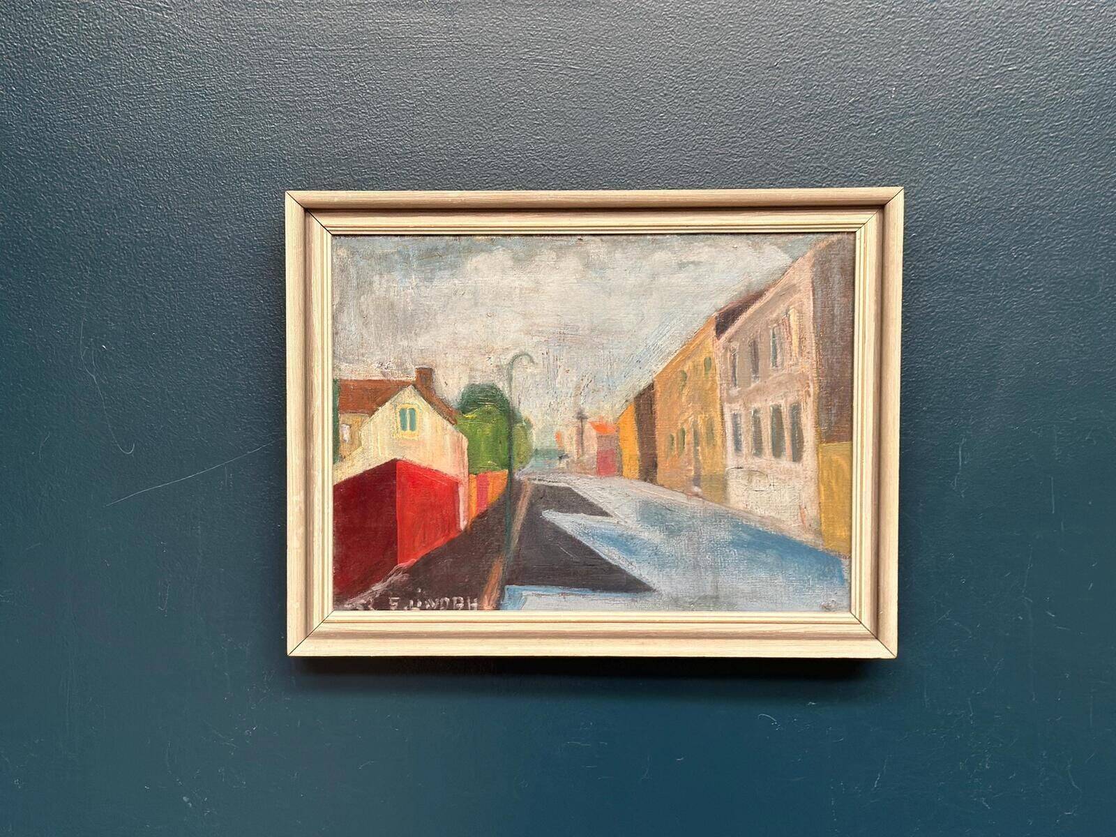Huile sur toile originale suédoise – « Rue urbaine » par S. Lindah