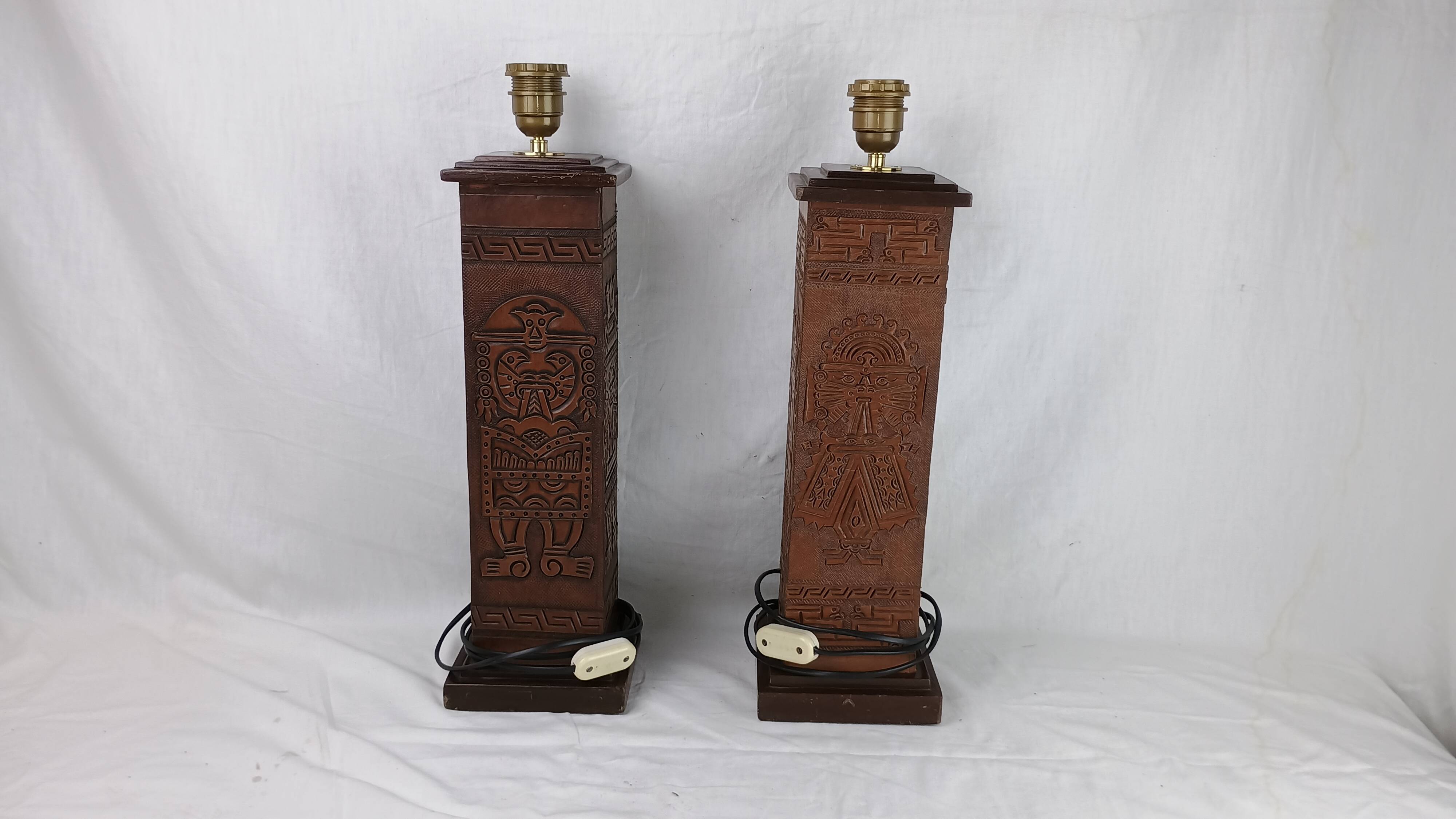 Pair of Kaiser Leuchten Totem Lamps in Vintage Aztec Inca or Mayan Leather