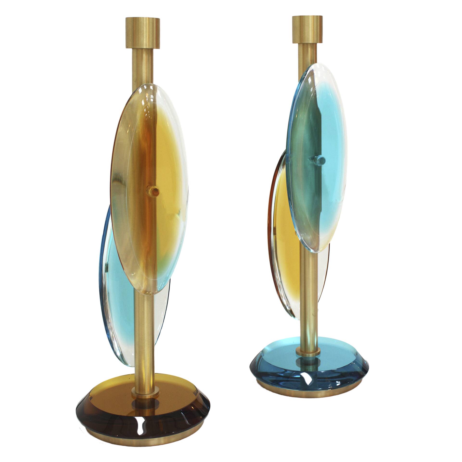 Pair of contemporary Murano glass lamps with a brass structure, made in Italy.