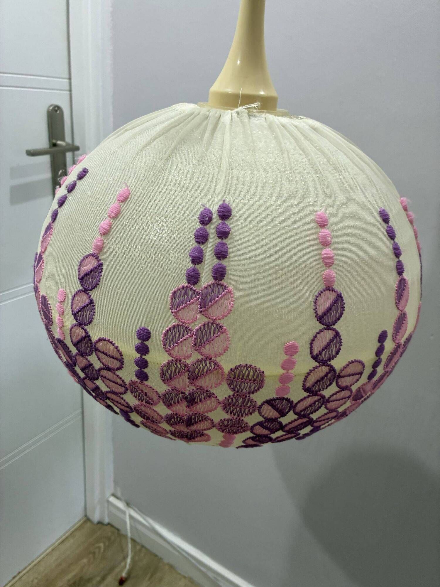 Høyrup Plast Danish pendant lamp, embroidered floral shade, 1960s