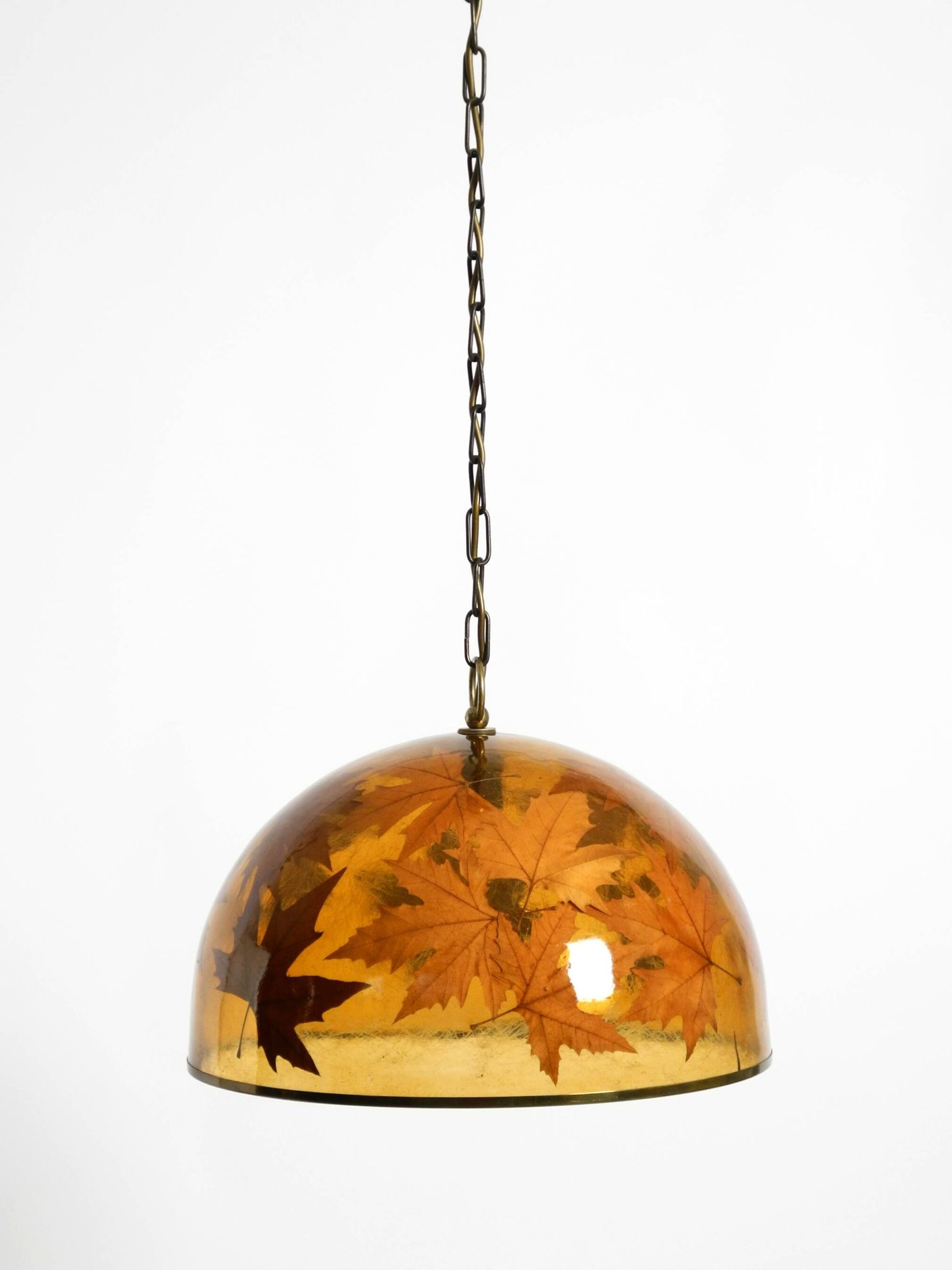 Rare, large 1970s Italian resin pendant lamp with embedded maple leaves