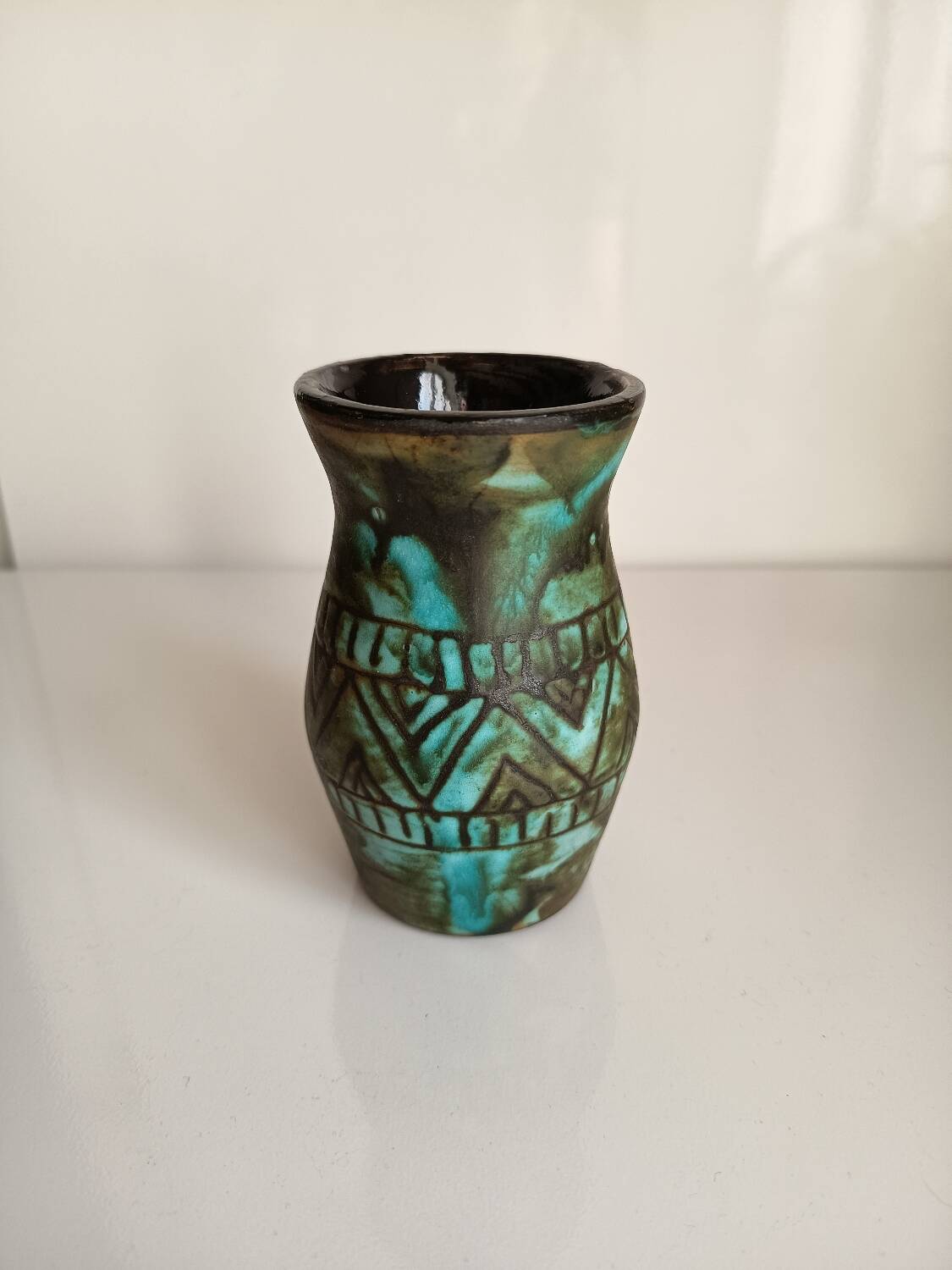Vase Alain Maunier Vallauris 1950s 60s geometric turquoise decoration