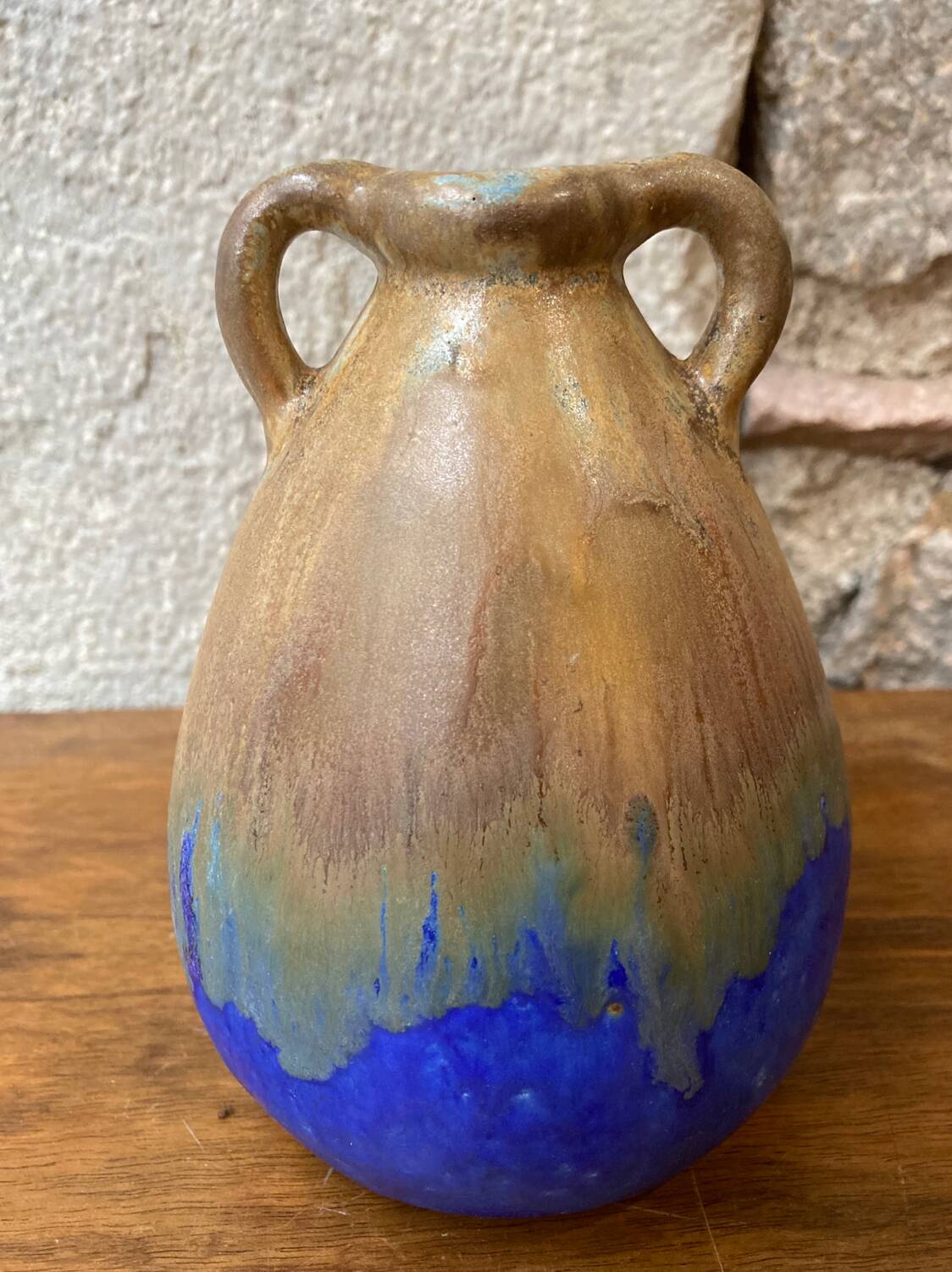 Vase grès flammé beige et bleu années 20/30