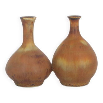 Small Mid-Century Scandinavian Modern Collectible Double Brown Stoneware Vase by Gunnar Borg