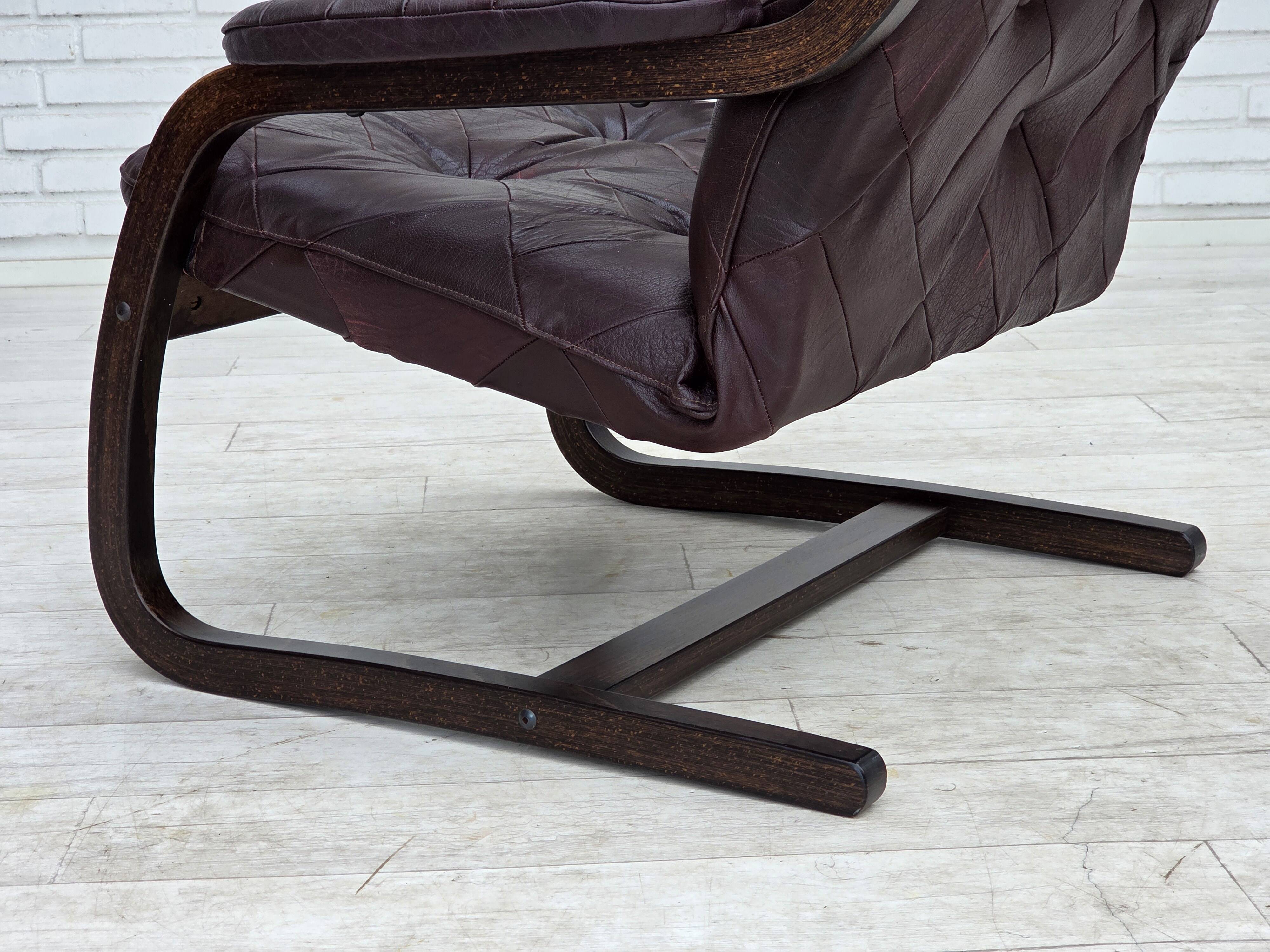 1970s, Scandinavian armchair, brown furniture leather, bent wood.