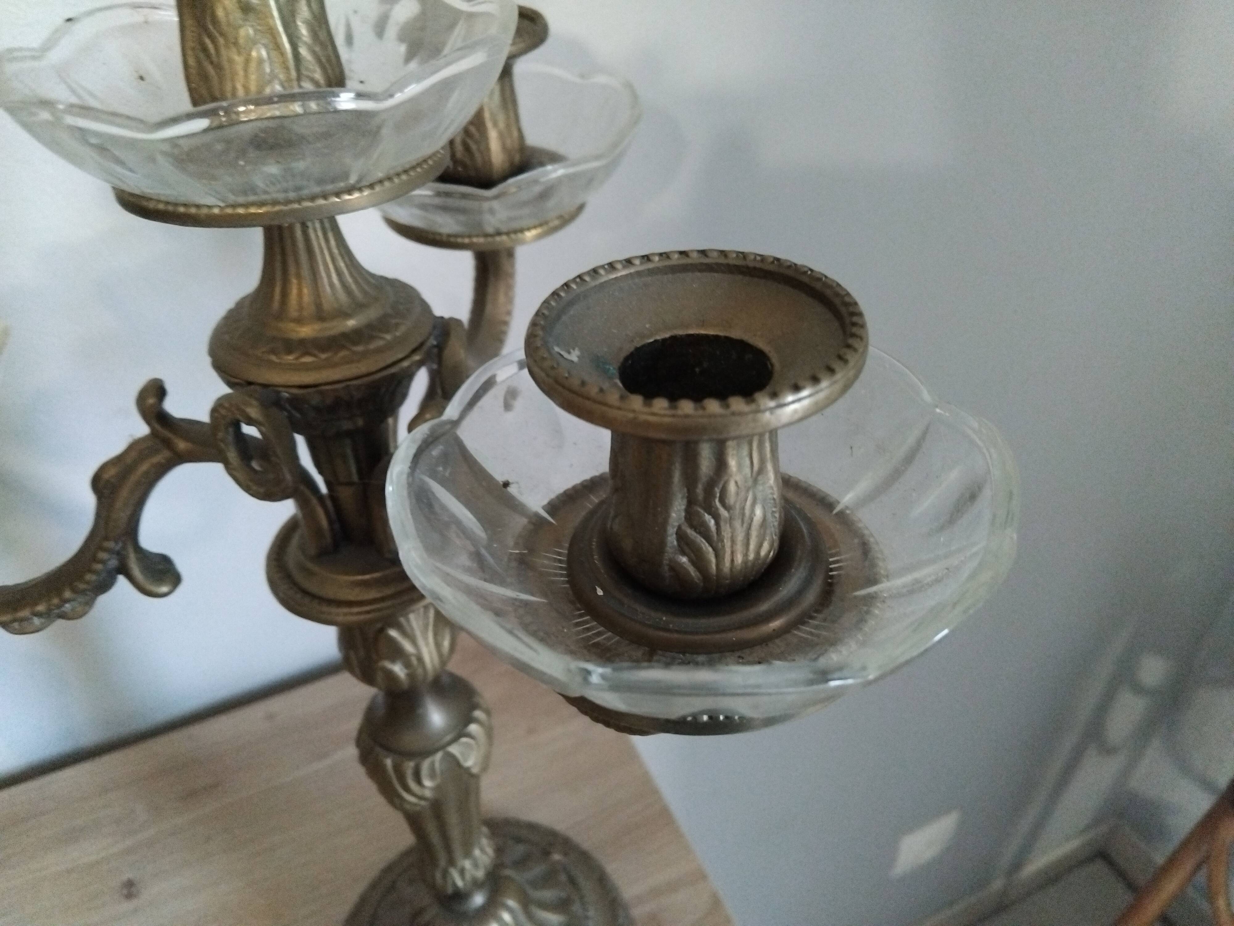 Pair of candelabra candle holders in bronze and glass louis xvi