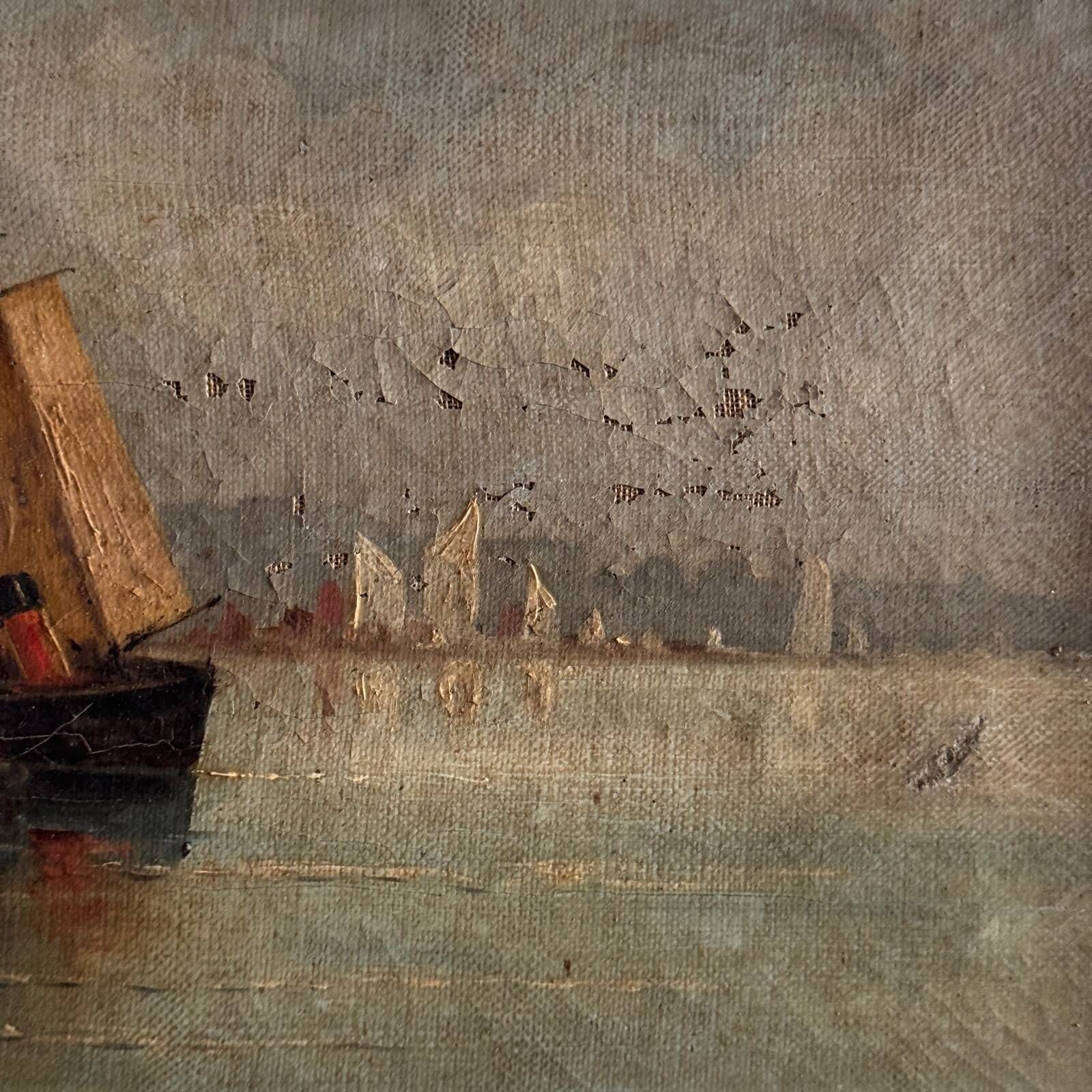 Oil on canvas depicting a boat at the quayside in the late 19th century by H. Hapeyre